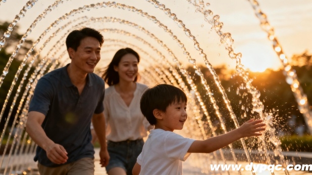 一家三口开心地穿梭于波光跳泉之间