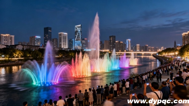 城市河道音乐喷泉群组夜间表演