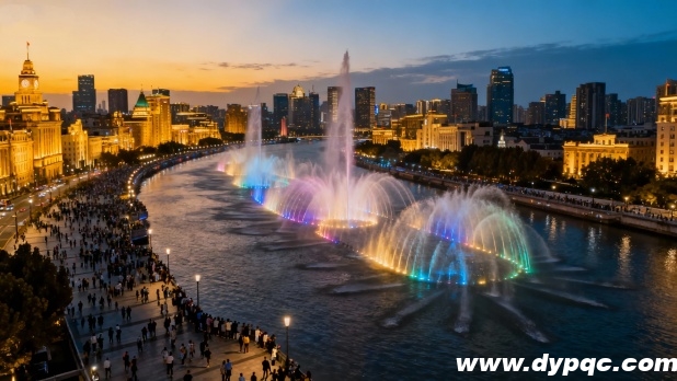 河道音乐喷泉灯光与城市夜景灯光交织
