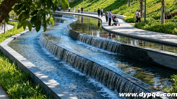 行人沿水景散步