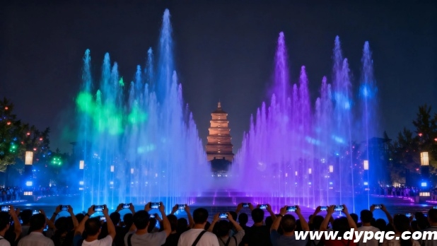 数十米高的喷泉水柱直冲夜空