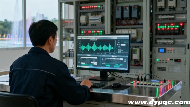 工程师在控制中心进行音乐喷泉编程