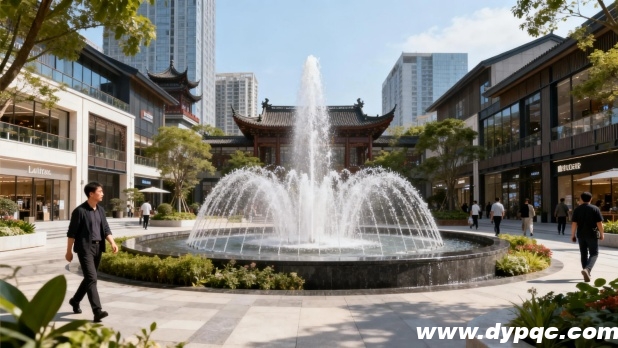 水景装置与商业建筑、绿化植物和谐共存
