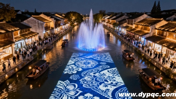 江南水乡古镇夜间喷泉景观