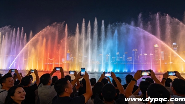 滨湖公园音乐喷泉水柱随音乐节奏精准舞动