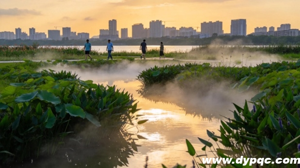 雾气缭绕植物茂盛的滨河公园