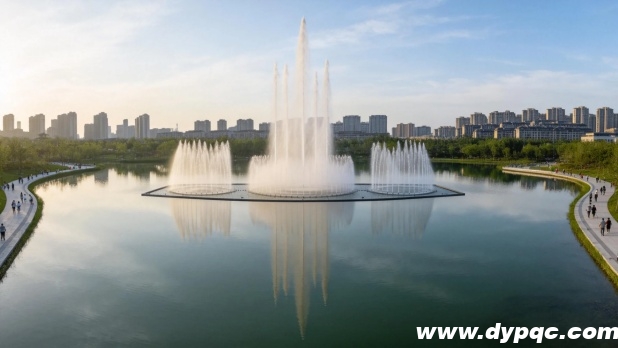 城市公园湖面喷泉全景